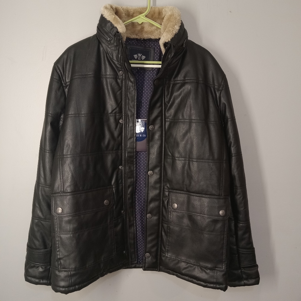 Emporio & co Men's Black Faux Leather Jacket with Cream Collar Size XL NWT